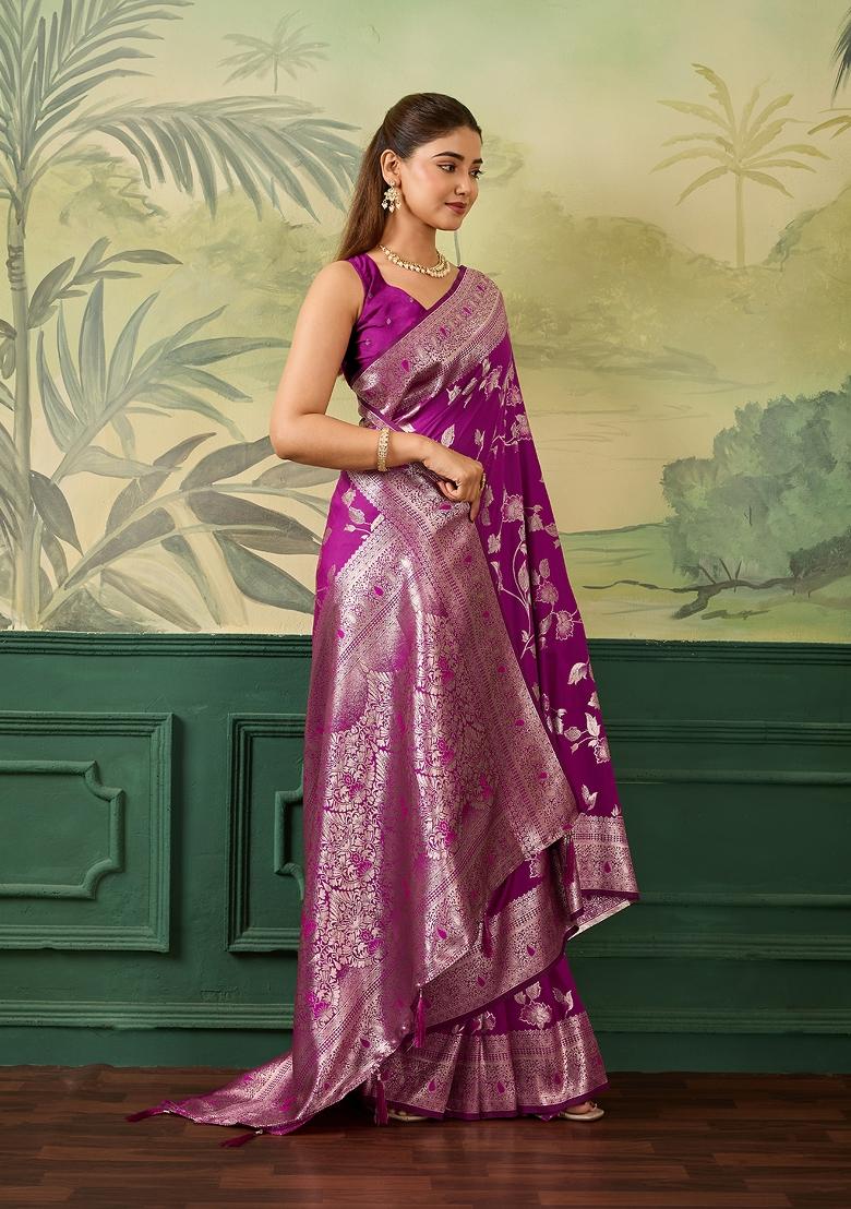 Pink Jacquard Banarasi Saree Set - Indya