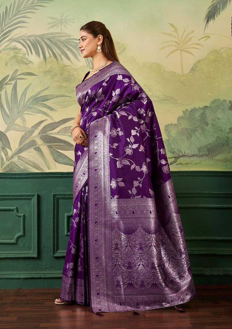 Purple Jacquard Banarasi Saree Set - Indya