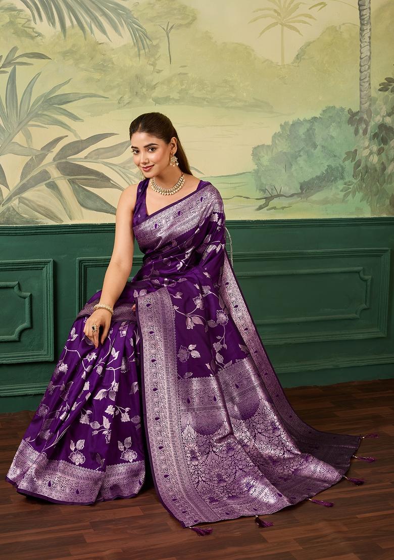 Purple Jacquard Banarasi Saree Set - Indya