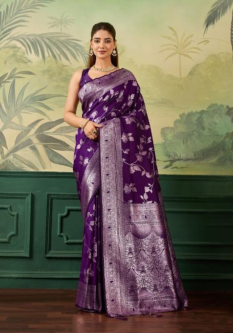 Purple Jacquard Banarasi Saree Set