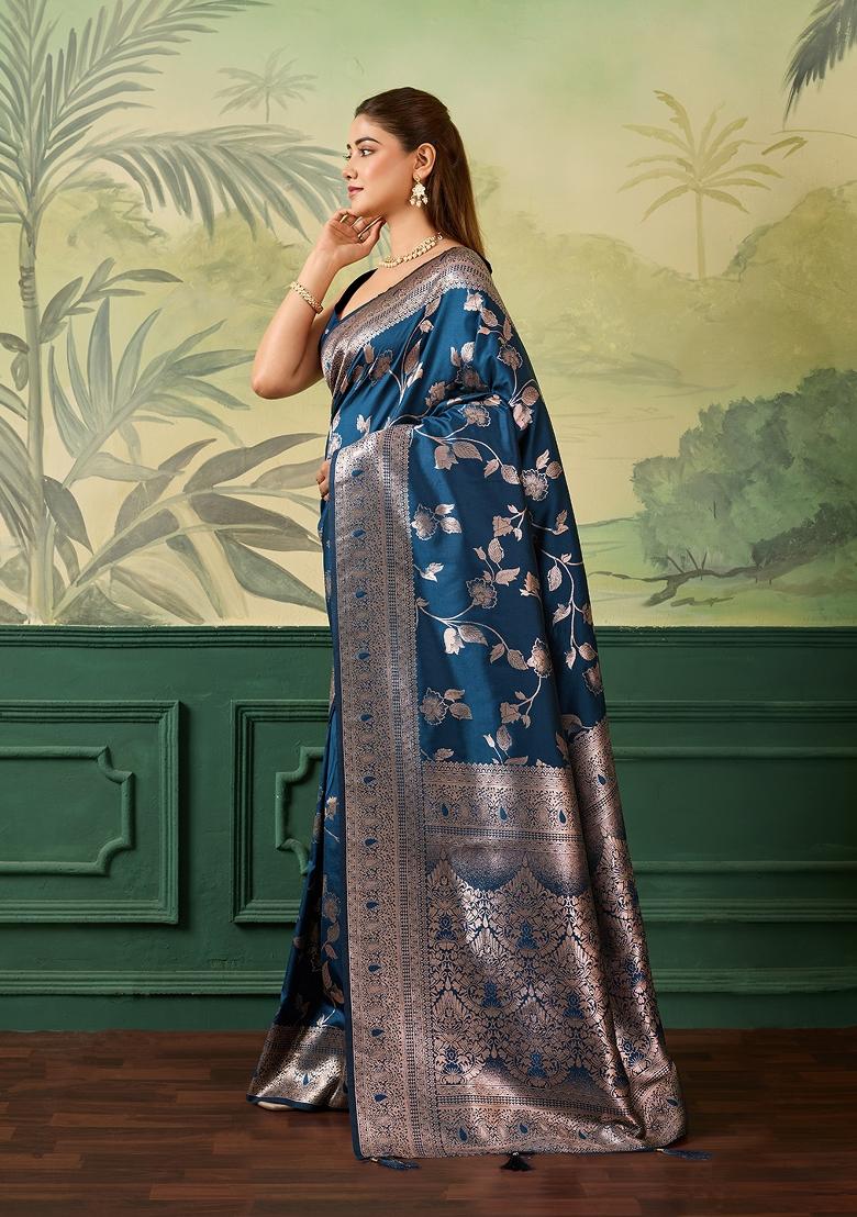 Navy Blue Jacquard Banarasi Saree Set - Indya