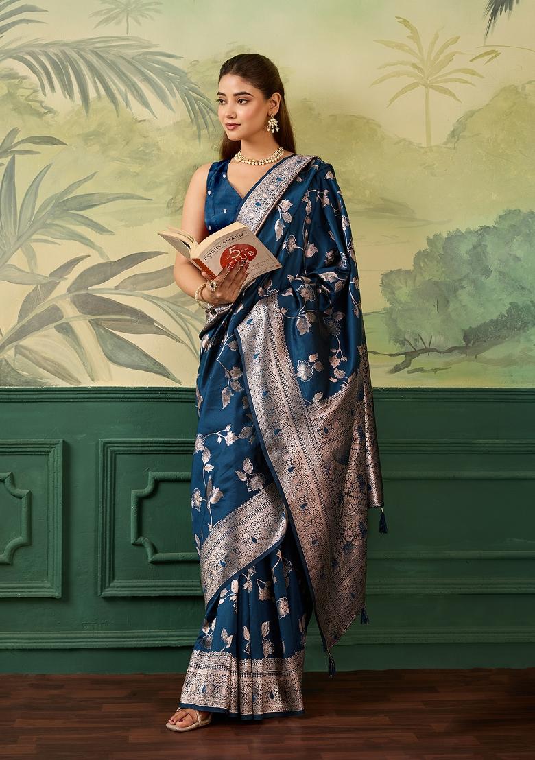 Navy Blue Jacquard Banarasi Saree Set - Indya