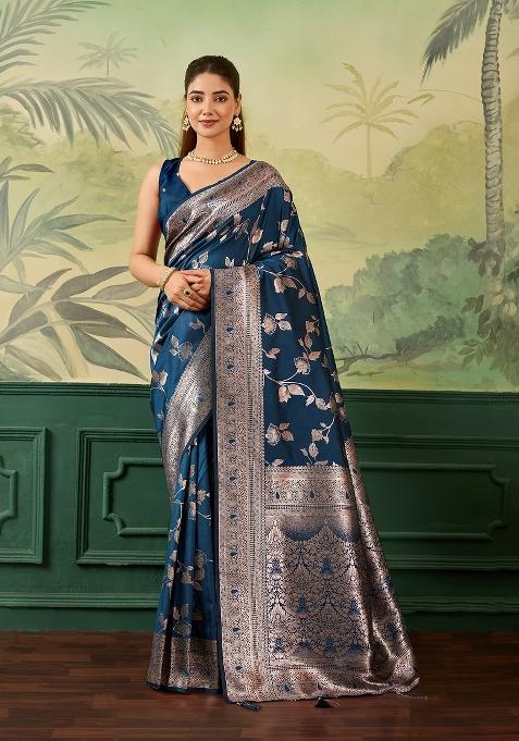Navy Blue Jacquard Banarasi Saree Set