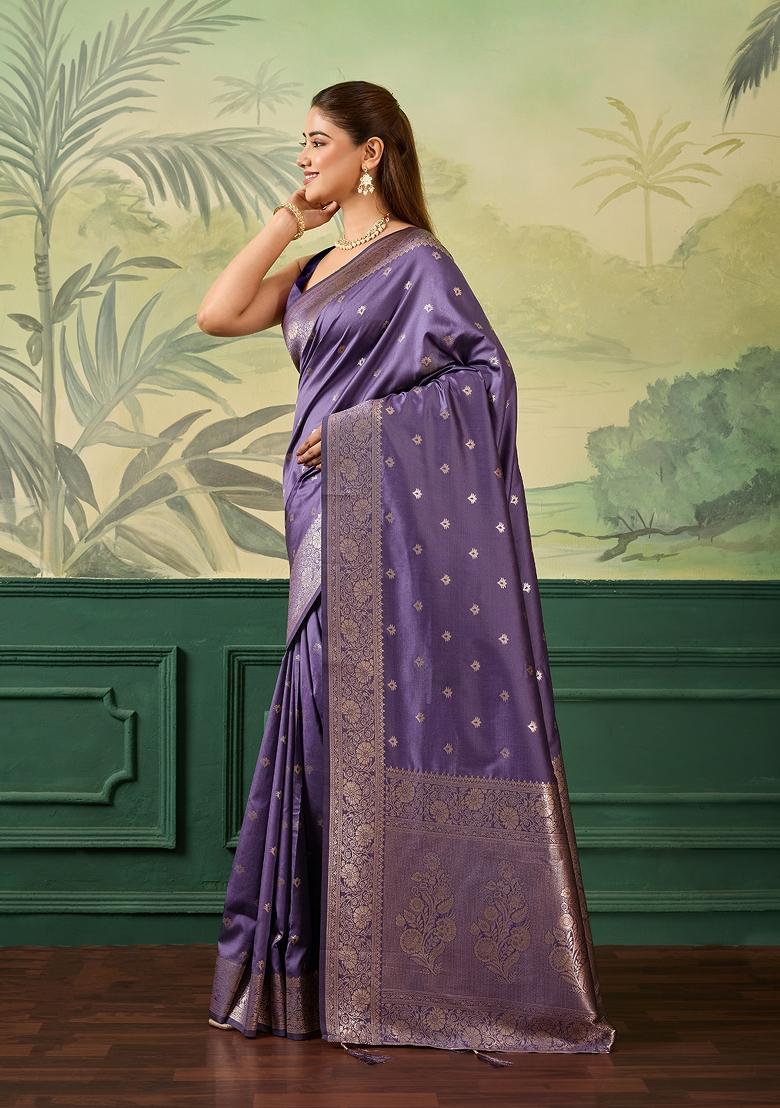 Lavender Jacquard Banarasi Saree Set - Indya