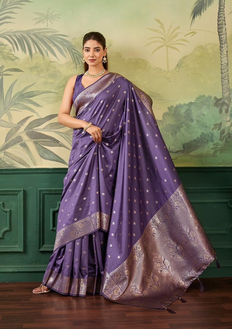 Lavender Jacquard Banarasi Saree Set - Indya