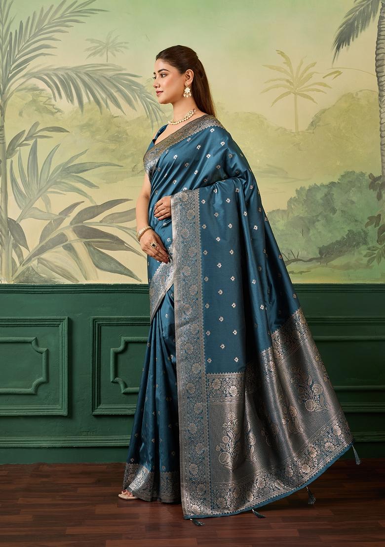 Blue Jacquard Banarasi Saree Set - Indya