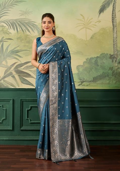 Blue Jacquard Banarasi Saree Set