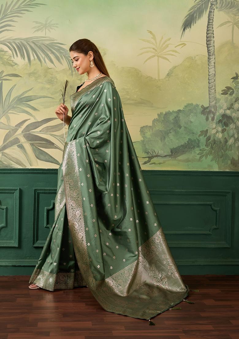 Green Jacquard Banarasi Saree Set - Indya