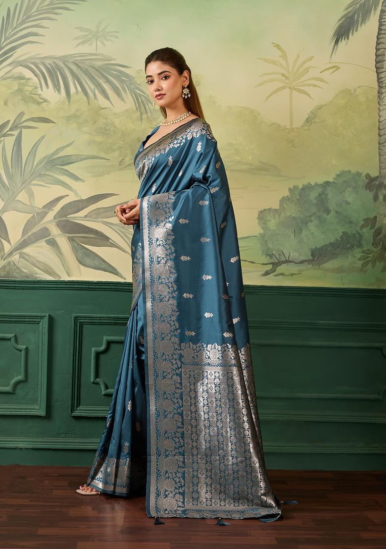 Blue Jacquard Banarasi Saree Set - Indya
