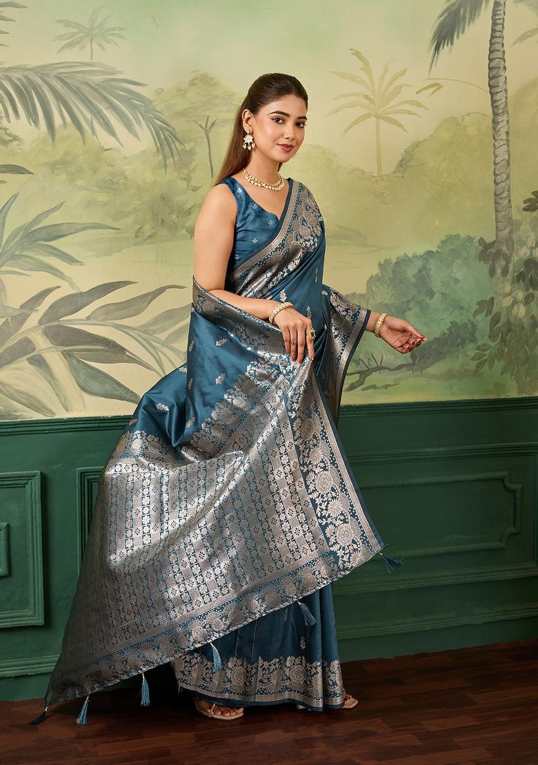 Blue Jacquard Banarasi Saree Set - Indya
