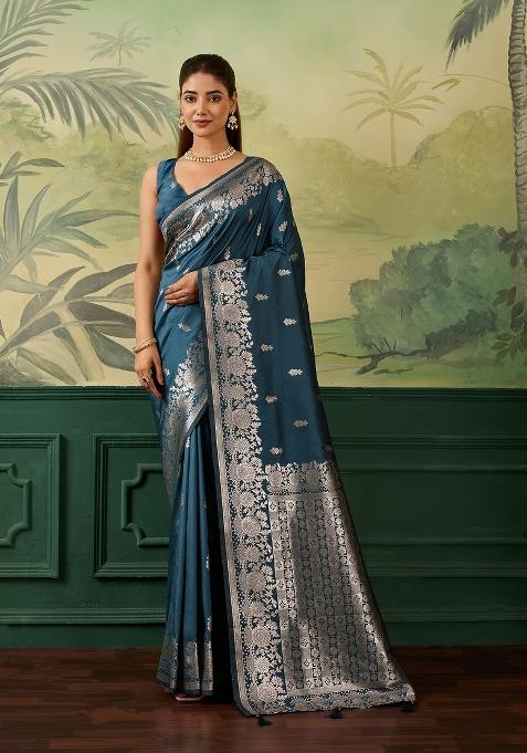Blue Jacquard Banarasi Saree Set