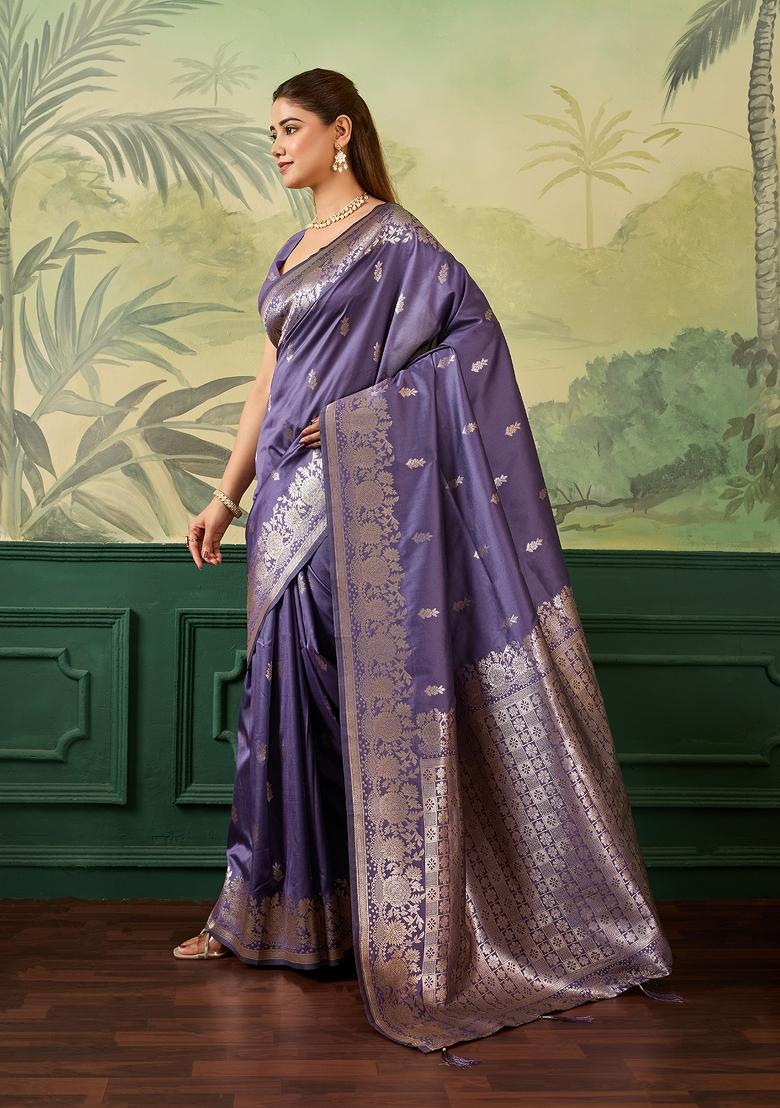 Purple Jacquard Banarasi Saree Set - Indya