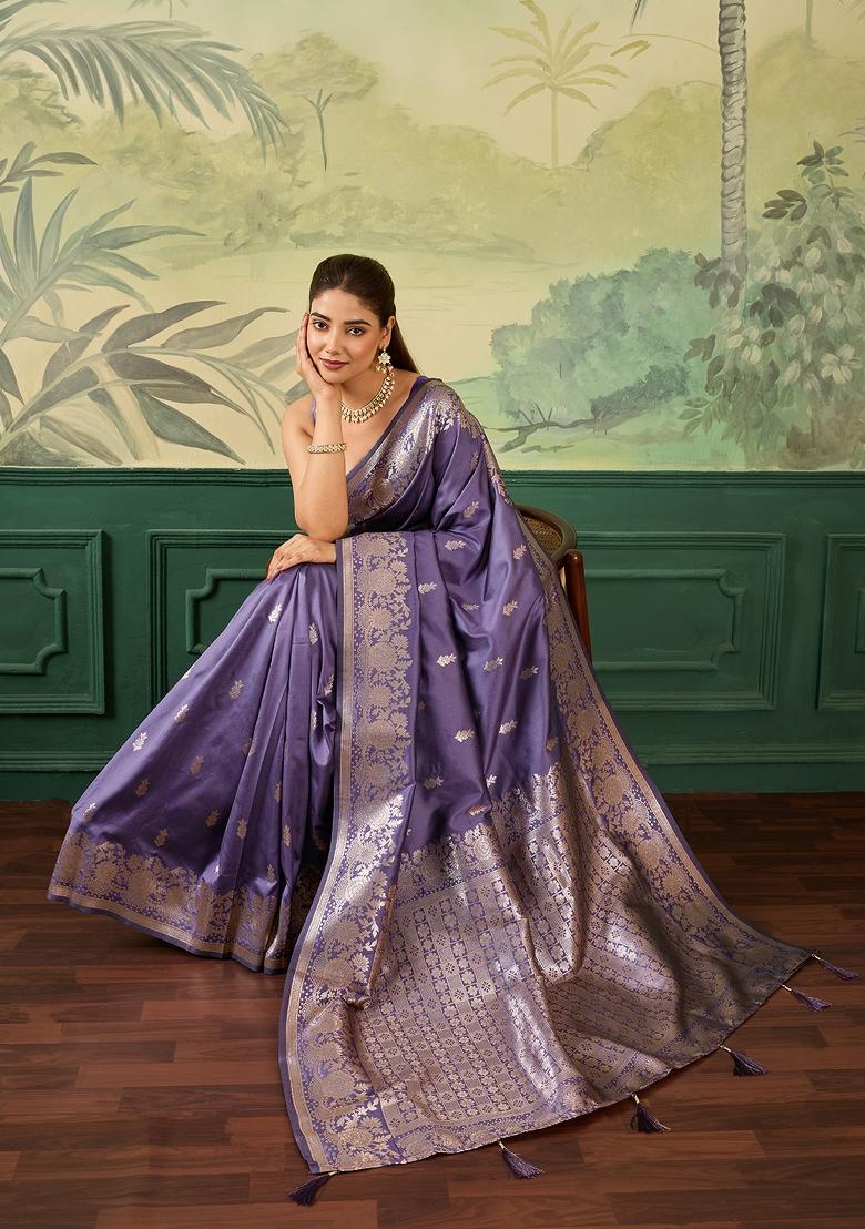 Purple Jacquard Banarasi Saree Set - Indya