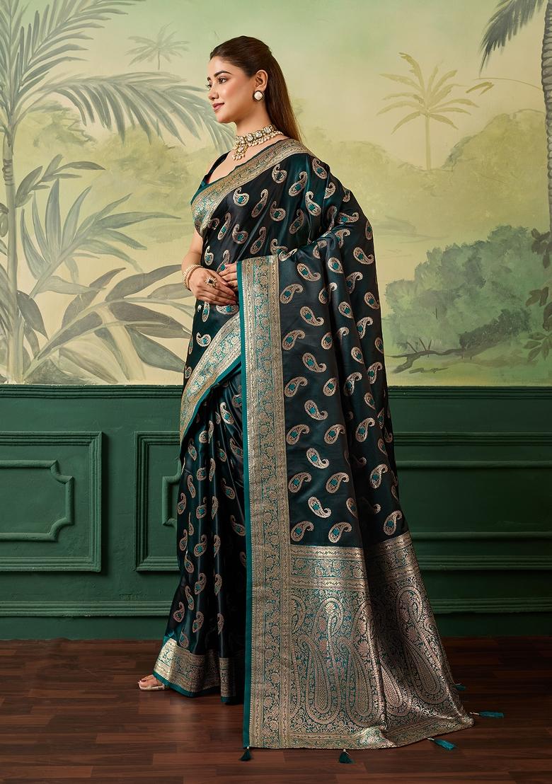 Green Jacquard Satin Saree Set - Indya