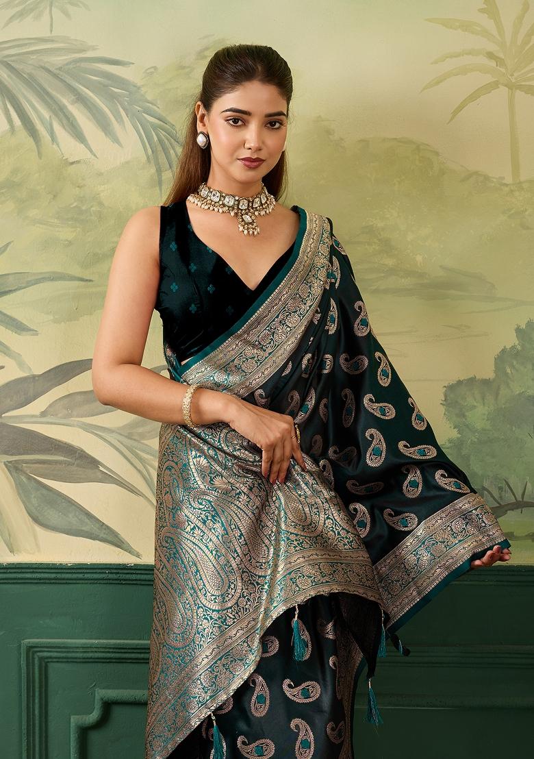 Green Jacquard Satin Saree Set - Indya