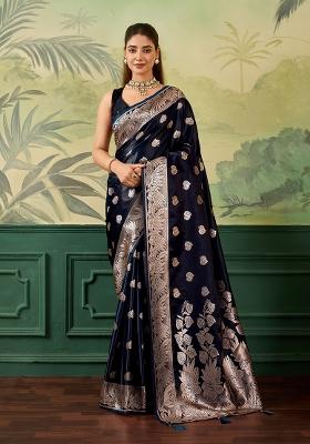Navy Blue Jacquard Satin Saree Set