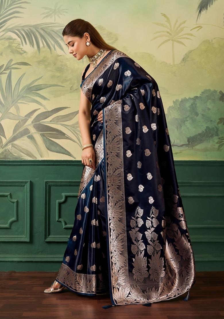 Navy Blue Jacquard Satin Saree Set - Indya