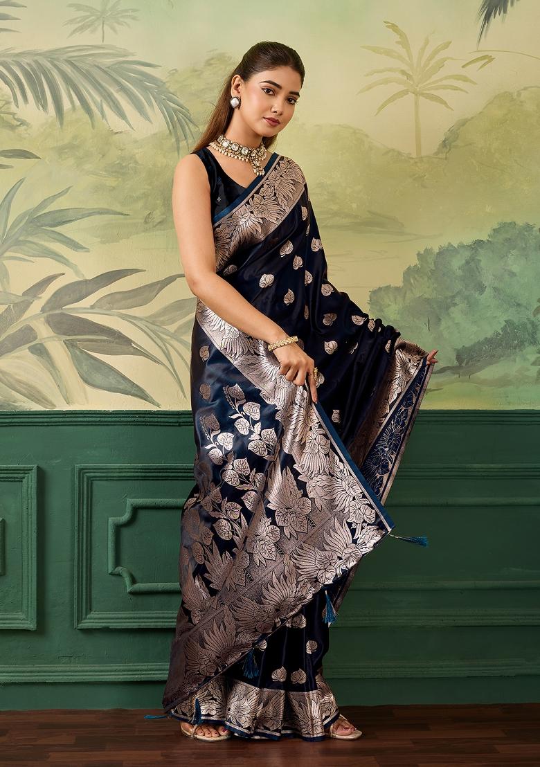 Navy Blue Jacquard Satin Saree Set - Indya