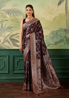 Maroon Jacquard Satin Saree Set