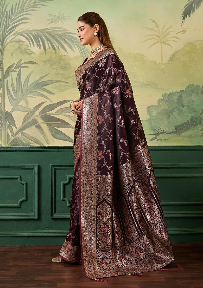 Maroon Jacquard Satin Saree Set - Indya