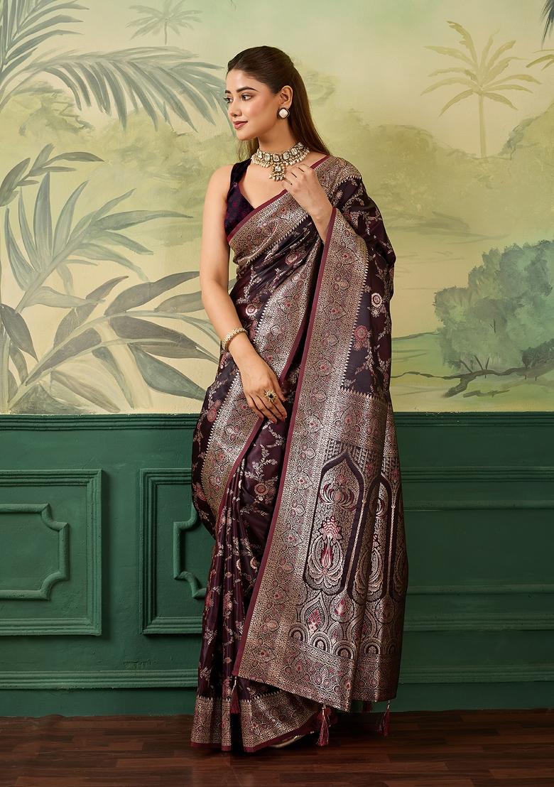 Maroon Jacquard Satin Saree Set - Indya