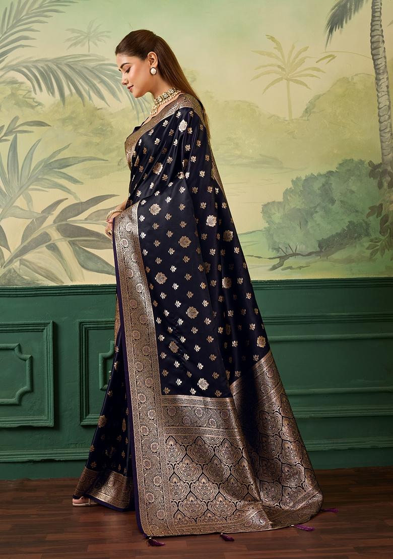 Purple Jacquard Satin Saree Set - Indya