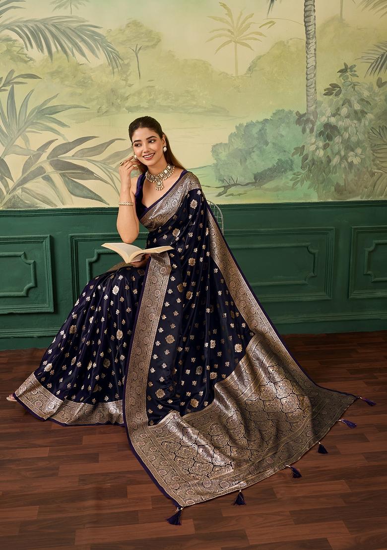 Purple Jacquard Satin Saree Set - Indya