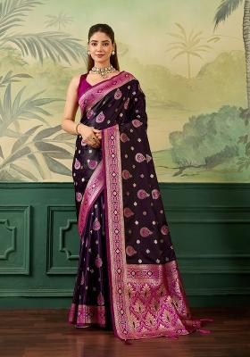 Peach Jacquard Satin Saree Set