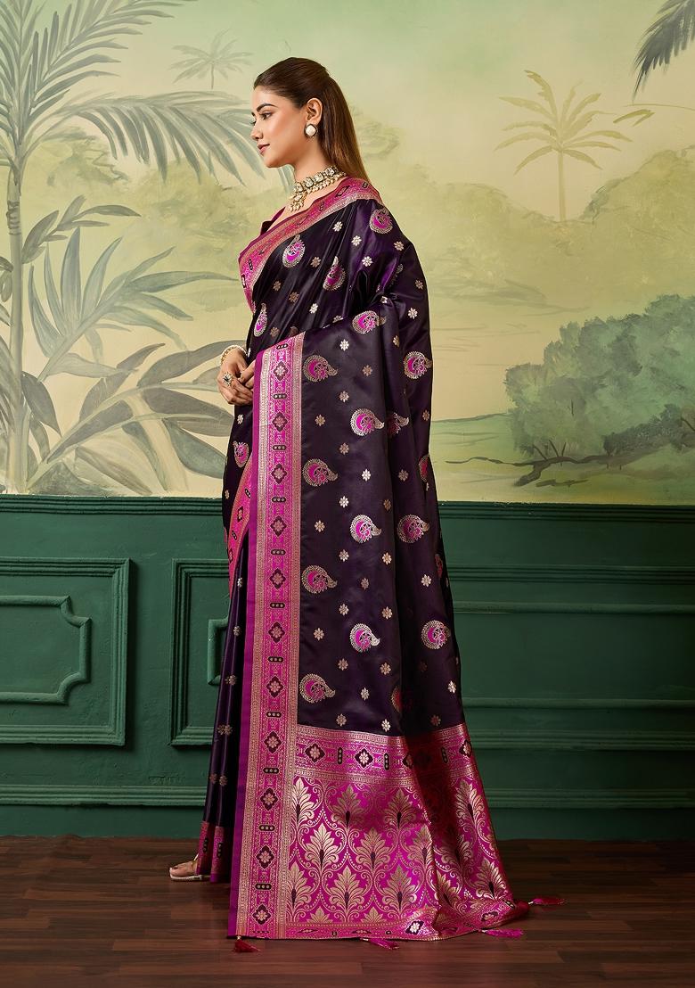 Peach Jacquard Satin Saree Set - Indya