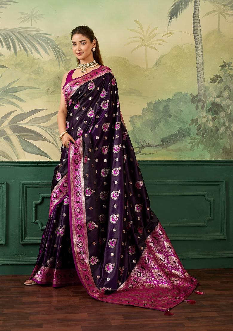 Peach Jacquard Satin Saree Set - Indya