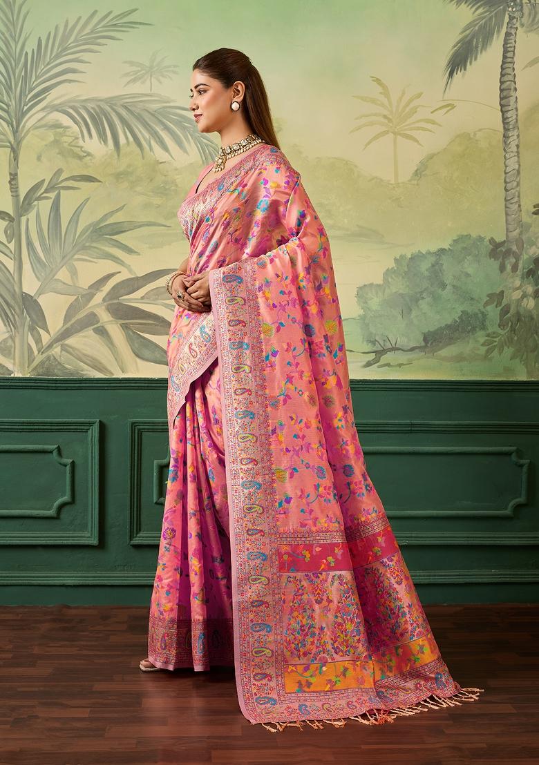 Peach Jacquard Pashmina Saree Set - Indya