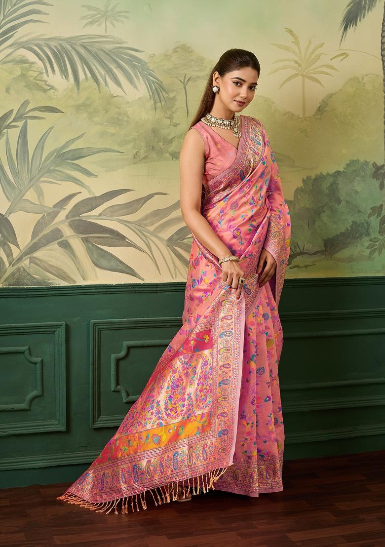 Peach Jacquard Pashmina Saree Set - Indya