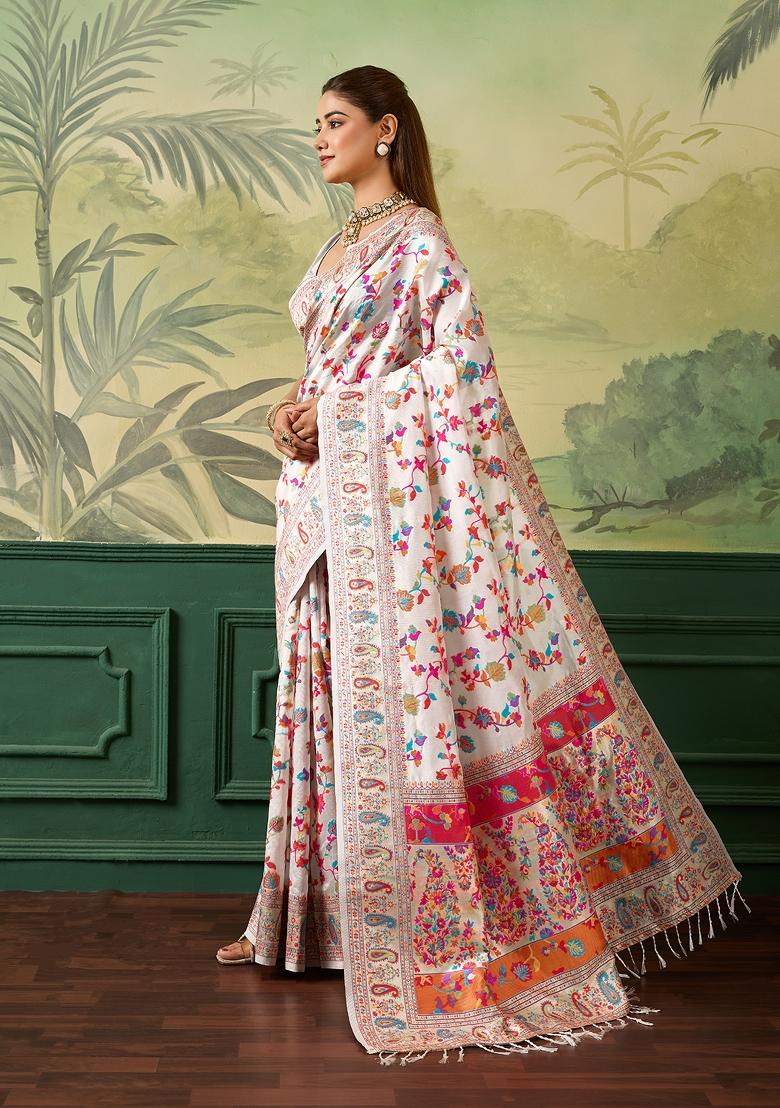 Cream Jacquard Pashmina Saree Set - Indya