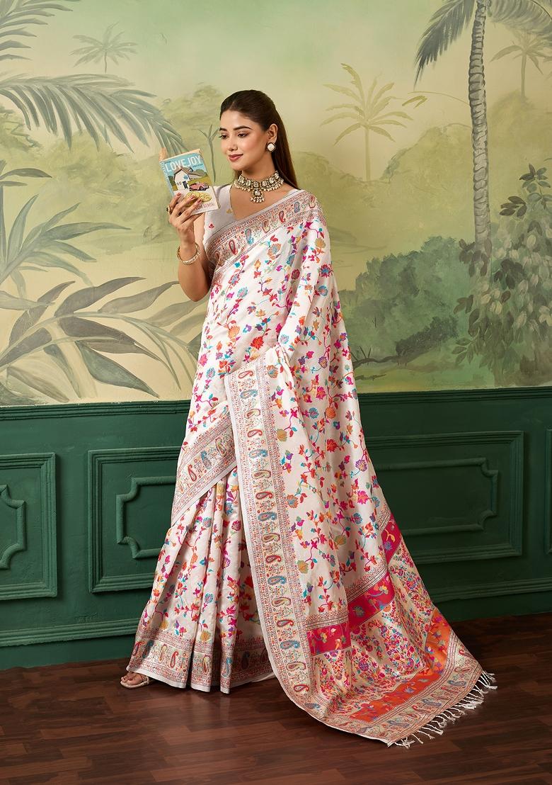 Cream Jacquard Pashmina Saree Set - Indya