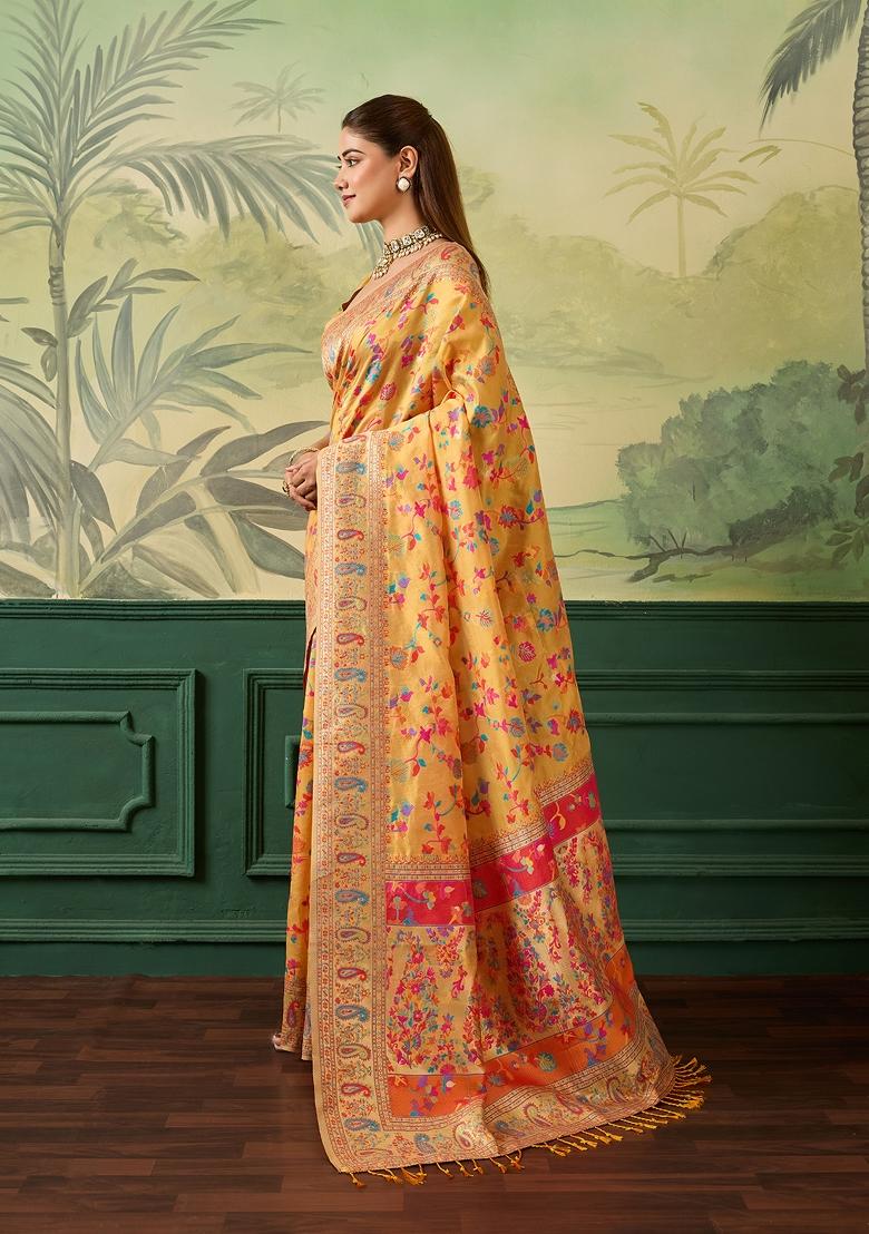 Mustard Jacquard Pashmina Saree Set - Indya