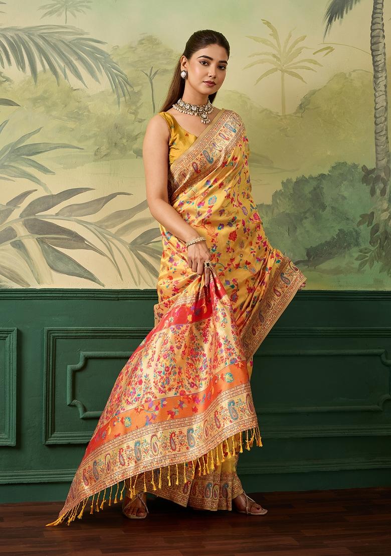 Mustard Jacquard Pashmina Saree Set - Indya