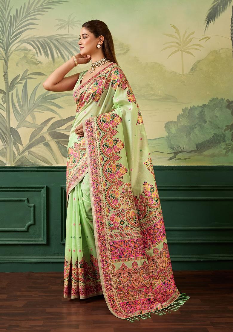 Parrot Green Jacquard Pashmina Saree Set - Indya