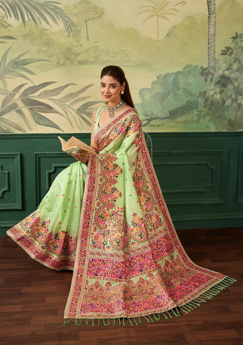 Parrot Green Jacquard Pashmina Saree Set - Indya
