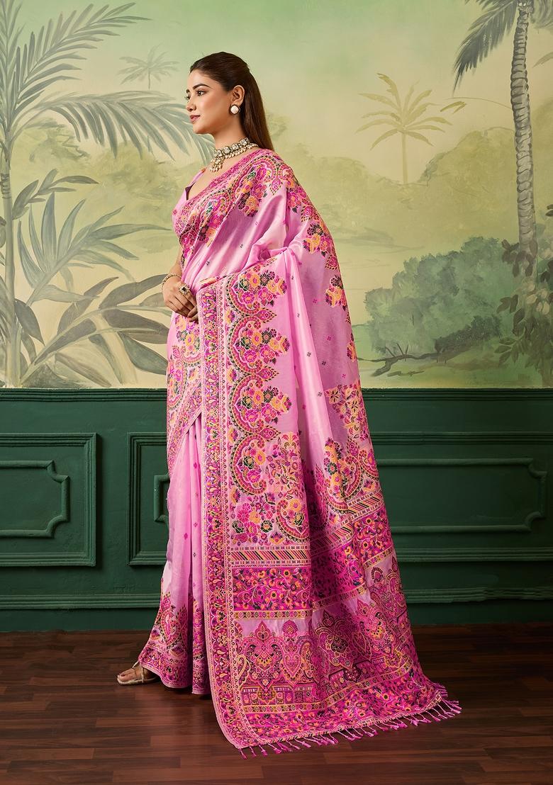 Peach Jacquard Pashmina Saree Set - Indya