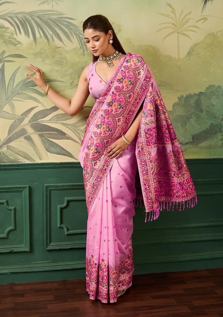 Peach Jacquard Pashmina Saree Set - Indya