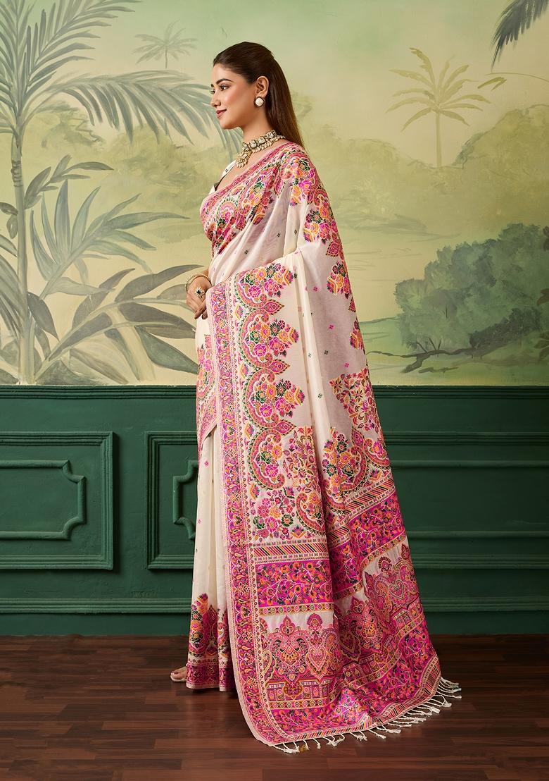 Cream Jacquard Pashmina Saree Set - Indya