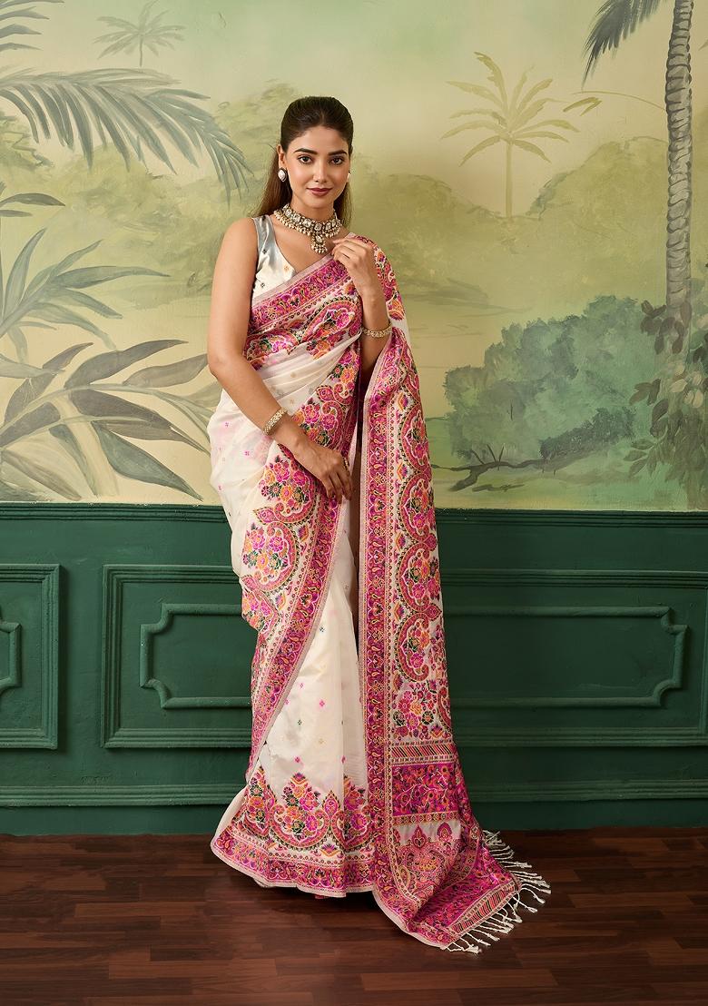 Cream Jacquard Pashmina Saree Set - Indya