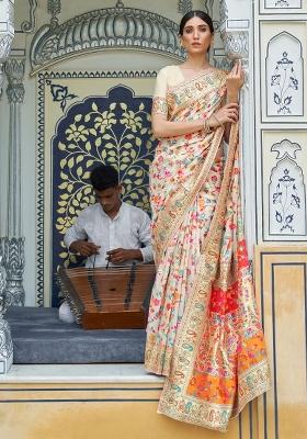 Cream Jacquard Pashmina Saree Set