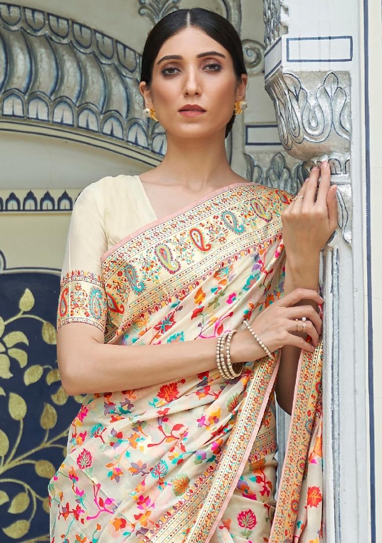 Cream Jacquard Pashmina Saree Set - Indya