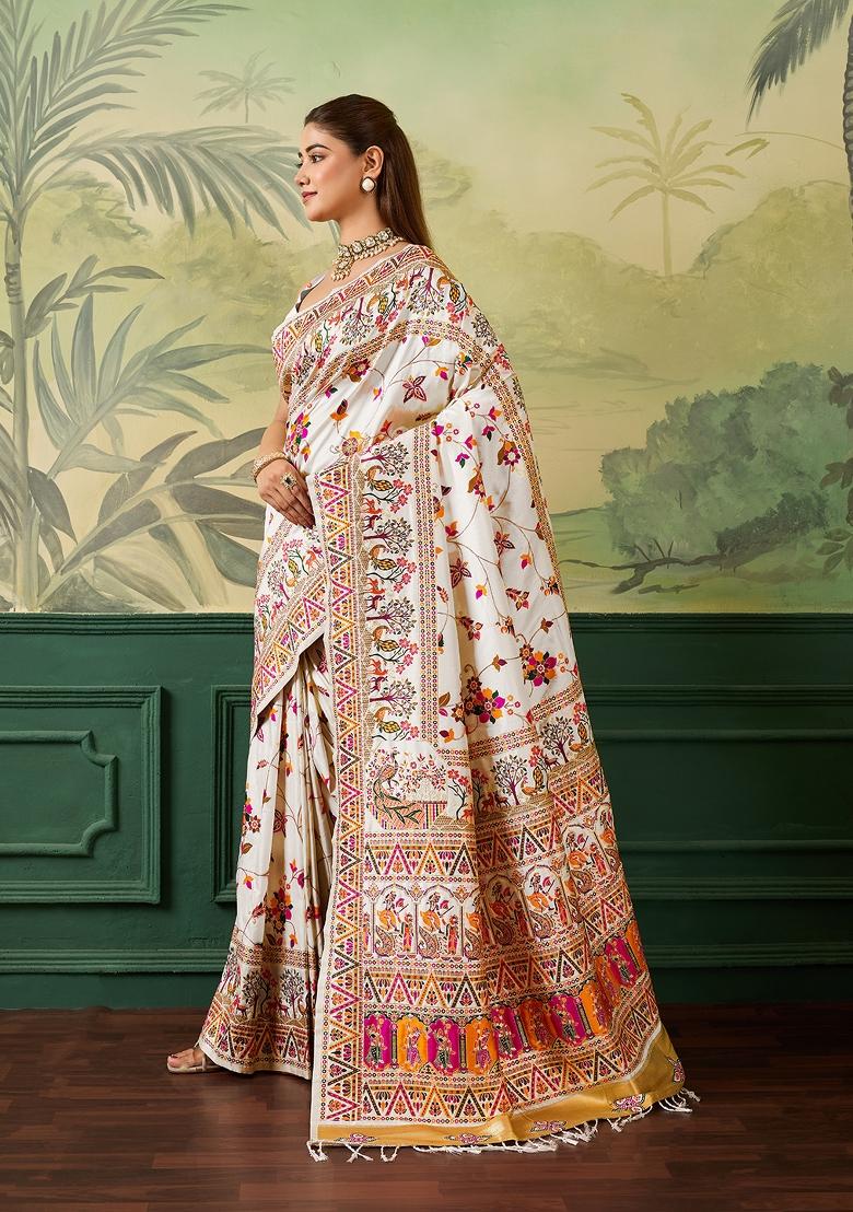 White Jacquard Pashmina Saree Set - Indya