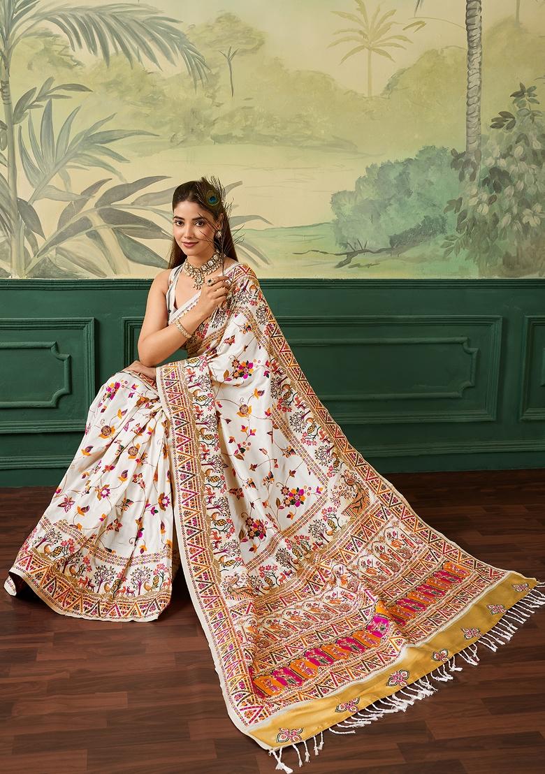 White Jacquard Pashmina Saree Set - Indya