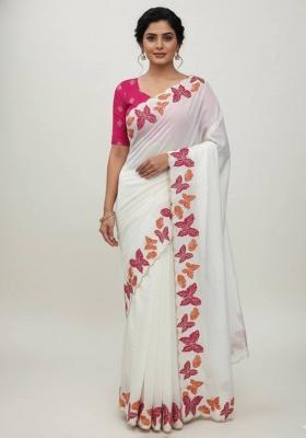 White Sequin Work Chiffon Saree Set
