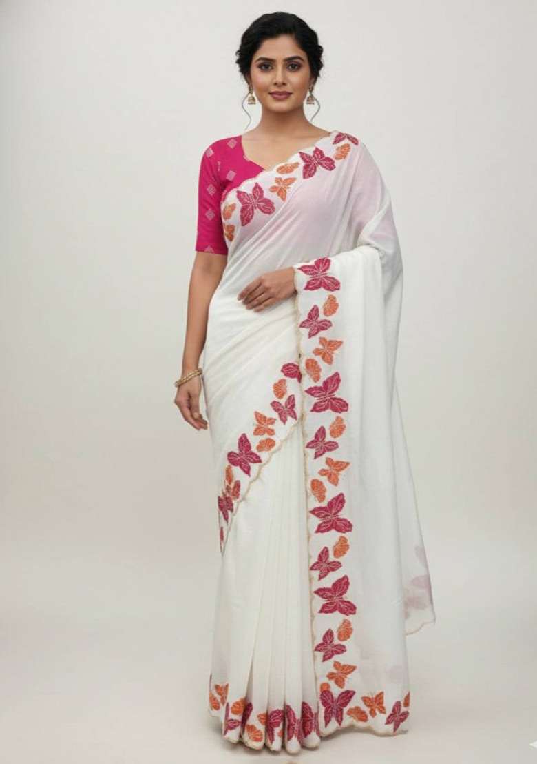 White Work Chiffon Saree Set with Sequin for Diwali | Wedding & Festive Wear - Indya