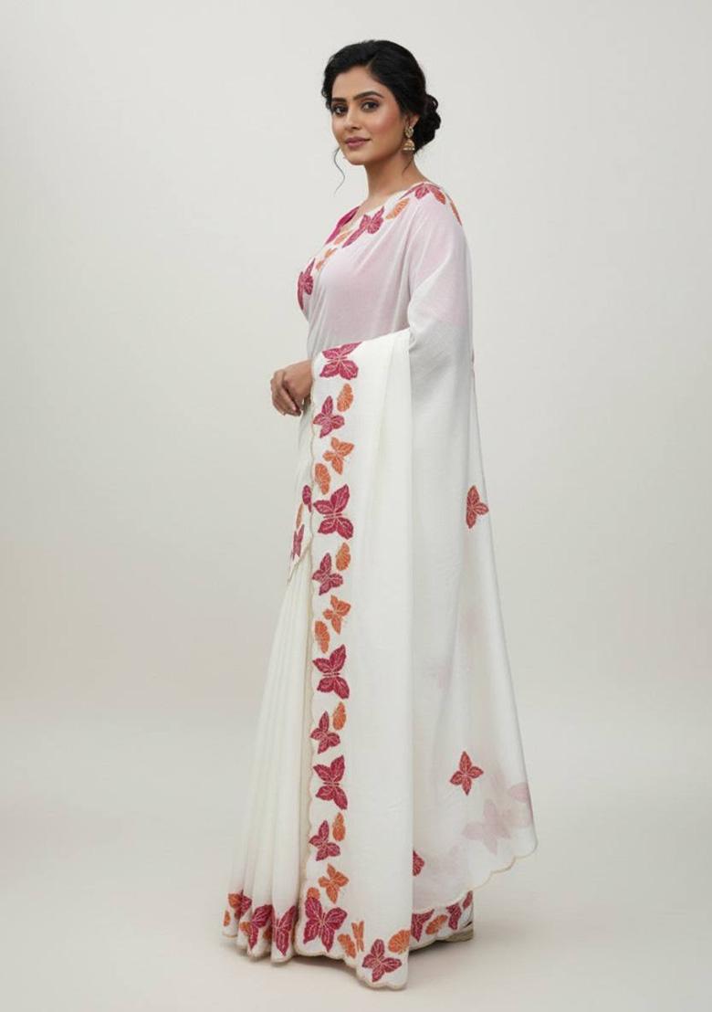 White Sequin Work Chiffon Saree Set - Indya