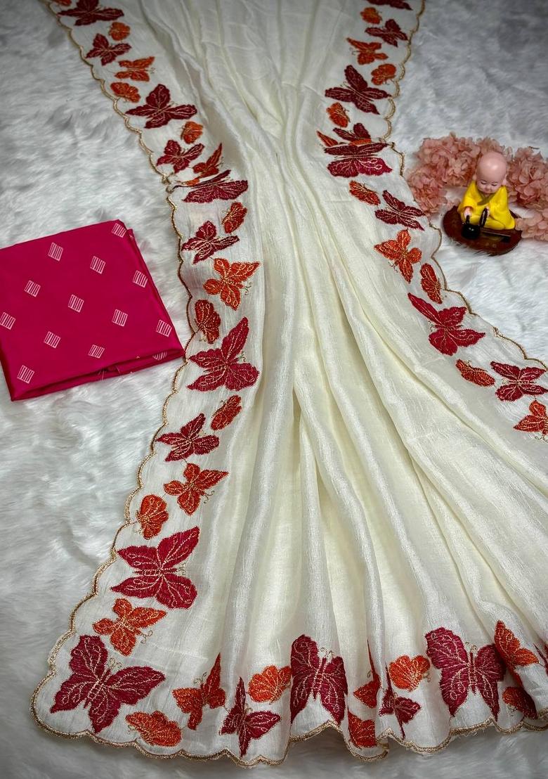 White Sequin Work Chiffon Saree Set - Indya